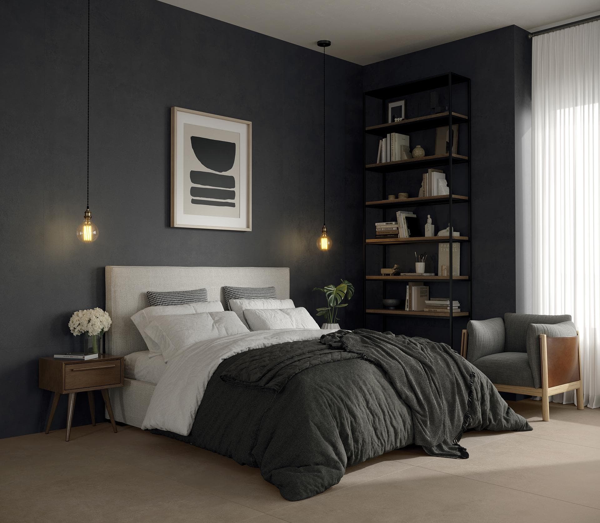 Schlafzimmer mit schiefergrauen Wänden und Mokkaboden Schlafzimmer mit mattem beige-mokkafarbenem Feinsteinzeugboden und Wänden aus großen schiefergrauen Platten